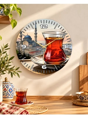 Renkli Baskı Çay Istanbul Desenli Sayılı Hediyelik Ahşap Sessiz Duvar Saati 45CM