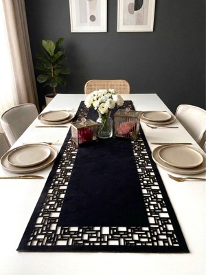 Siyah Ergüven Home Süet Kumaş Runner 40X140 cm Masa Boyu -Geometrik Dörtgen Desen