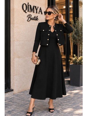 Qimya Butik Buketli Kadın Sahte Cepli Çıtçıtlı Uzun Kol Hırkalı Kolsuz V Yaka Uzun Basic Elbise