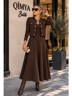 Qimya Butik Buketli Kadın Sahte Cepli Çıtçıtlı Uzun Kol Hırkalı Kolsuz V Yaka Uzun Basic Elbise