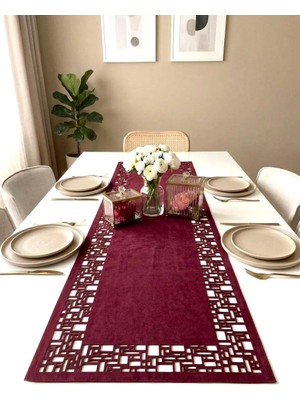 Ergüven Home Bordo Süet Kumaş Runner 40X140 cm Masa Boyu -Geometrik Dörtgen Desen
