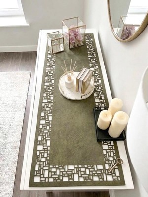 Ergüven Home Yeşil Süet Kumaş Runner 40X120 cm Konsol Boyu -Geometrik Dörtgen Desen