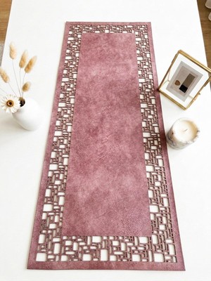 Ergüven Home Pembe Süet Kumaş Runner 40X100 cm Sehpa Boyu -Geometrik Dörtgen Desen