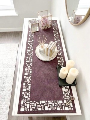Ergüven Home Mürdüm Rengi Süet Kumaş Runner 40X120 cm Konsol Boyu -Geometrik Dörtgen Desen