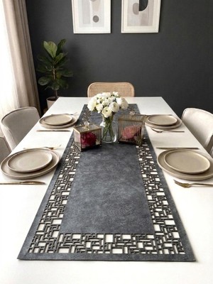 Ergüven Home Koyu Gri Süet Kumaş Runner 40X140 cm Masa Boyu -Geometrik Dörtgen Desen