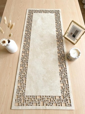 Ergüven Home Bej(Koyu Krem) Süet Kumaş Runner 40X100 cm Sehpa Boyu -Geometrik Dörtgen Desen