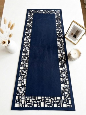 Ergüven Home Lacıvert Süet Kumaş Runner 40X100 cm Sehpa Boyu -Geometrik Dörtgen Desen
