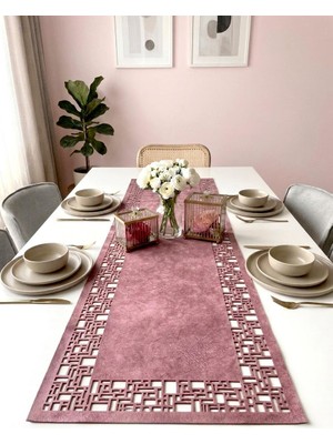 Ergüven Home Pembe Süet Kumaş Runner 40X140 cm Masa Boyu -Geometrik Dörtgen Desen
