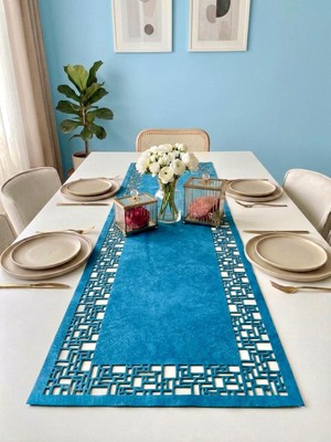 Ergüven Home Mavi Süet Kumaş Runner 40X140 cm Masa Boyu -Geometrik Dörtgen Desen