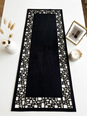 Ergüven Home Siyah Süet Kumaş Runner 40X100 cm Sehpa Boyu -Geometrik Dörtgen Desen