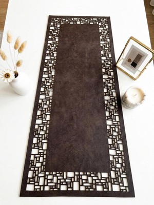 Ergüven Home Koyu Kahverengi (Venge) Süet Kumaş Runner 40X100 cm Sehpa Boyu -Geometrik Dörtgen Desen