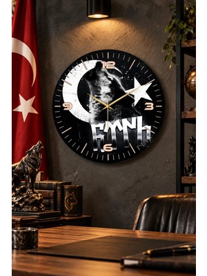 Renkli Baskı Bozkurt Türk Bayrağı Desenli Sayılı Hediyelik Ahşap Sessiz Duvar Saati 45CM