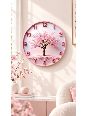 Pembe Renkli Baskı Ağaç Doğa Desenli Sayılı Hediyelik Ahşap Sessiz Duvar Saati 45CM