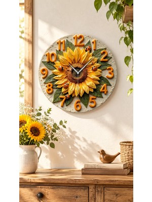 Renkli Baskı Ayçiçek Desenli Sayılı Hediyelik Ahşap Sessiz Duvar Saati 45CM