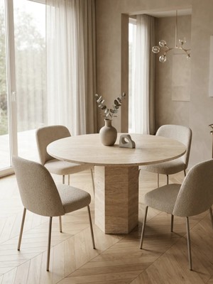 Miarik Design Xia - Traverten Mermer Yuvarlak Altıgen Ayak Yemek Masası