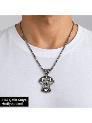 Herşey Nota 316L Çelik Erkek Kolye Geometrik Sembol Figürlü Işlemeli Zincirli Özgün Tasarım