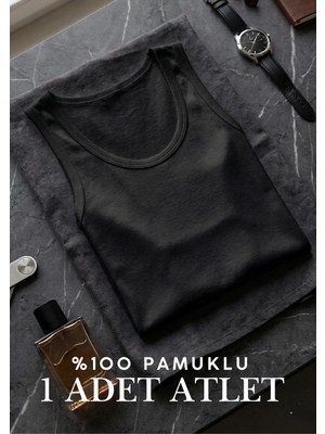 Qkk %100 Pamuklu Erkek Atlet - Siyah Terletmez Penye Atlet