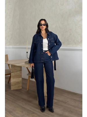 Moda Durağı Bağlamalı Denim Takım Oversize Ceket ve Yüksek Bel Pantolon Lacivert