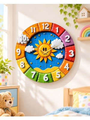 Renkli Baskı Güneş Çocuk Desenli Sayılı Hediyelik Ahşap Sessiz Duvar Saati 45CM