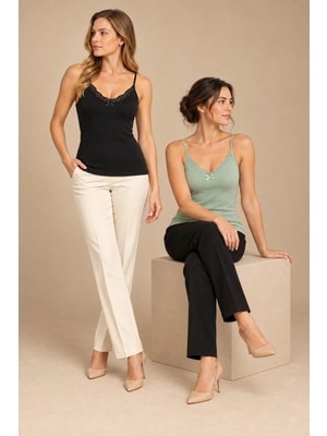 Qkk Kadın Dantel Detaylı Ince Askılı Pamuklu Atlet Siyah-Yeşil