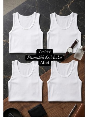 Qkk Erkek 4'lü Beyaz Modal Pamuklu Atlet - Yumuşak Dokulu Premium Atlet