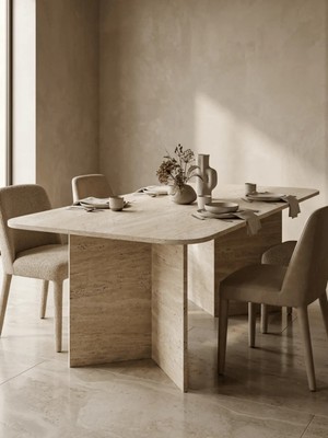 Miarik Design Jesse-Traverten Mermer Uzun V Ayak Yemek Masası