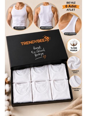 Trendybee Erkek Beyaz Atlet %100 Pamuk 6'lı Paket Özel Kutu Esnek Rahat Kesim Günlük Fanila