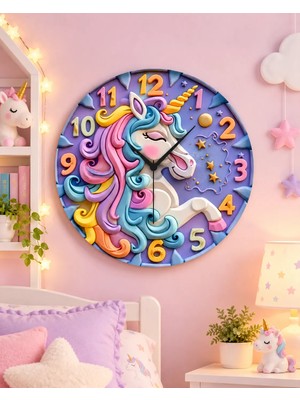 Renkli Baskı At Çocuk Desenli Sayılı Hediyelik Ahşap Sessiz Duvar Saati 45CM