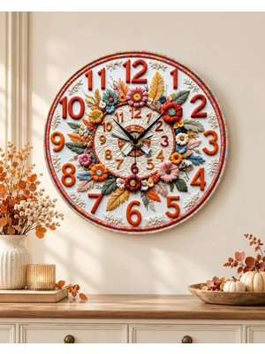 AA Shop Çiçek Kabartma Görünümlü Ahşap Renkli Baskı Desenli Yuvarlak Duvar Saati Modern Tasarım 45CM