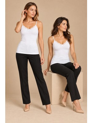 Qkk Kadın Dantel Detaylı Ince Askılı Pamuklu Atlet 2'li Beyaz