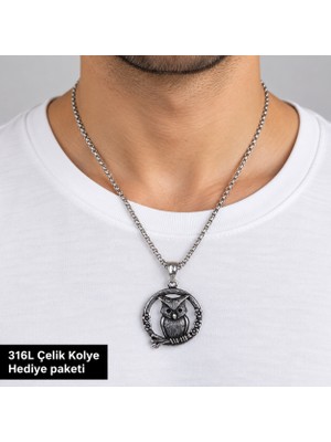 Herşey Nota 316L Çelik Erkek Kolye Baykuş Figürlü Yuvarlak Uçlu Zincirli Özgün Tasarım