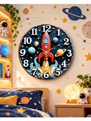 Uzay Roketi Kabartma Görünümlü Renkli Baskı Desenli Sayılı Hediyelik Ahşap Sessiz Duvar Saati 45CM