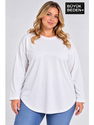 Limitless Wear Kadın Büyük Beden Bisiklet Yaka Uzun Kollu Oval Etek Uçlu Tunik T-Shirt AFK26BTK92