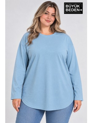 Limitless Wear Kadın Büyük Beden Bisiklet Yaka Uzun Kollu Oval Etek Uçlu Tunik T-Shirt AFK26BTK92