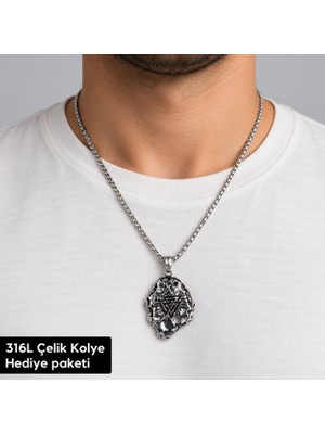 Herşey Nota 316L Çelik Erkek Kolye Geometrik Sembol Figürlü Kabartmalı Zincir Tasarım