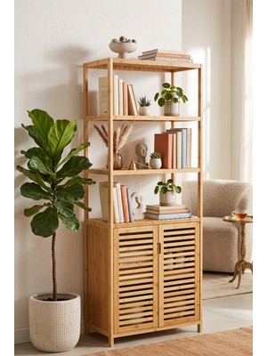 Robin Home Bambu Banyo Dolabı 6 Raflı Kapaklı Salon Mutfak Çalışma Odası Dolabı Kitaplık Düzenleyici