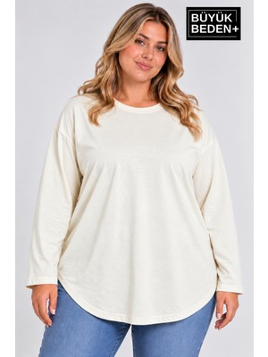 Limitless Wear Kadın Büyük Beden Bisiklet Yaka Uzun Kollu Oval Etek Uçlu Tunik T-Shirt AFK26BTK92