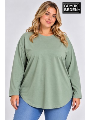 Limitless Wear Kadın Büyük Beden Bisiklet Yaka Uzun Kollu Oval Etek Uçlu Tunik T-Shirt AFK26BTK92
