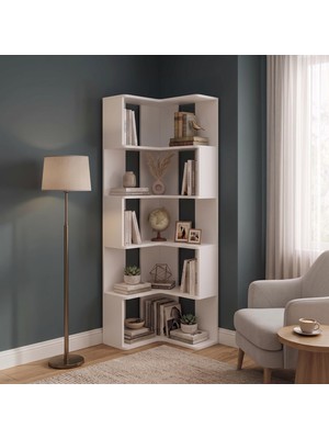 Bimossa W5240 Wilma Köşe Kitaplık Beyaz, 5 Katlı Açık Raflı 180 cm Modern Köşe Kitaplığı