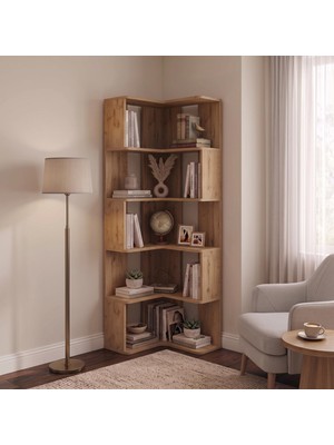 Bimossa Wilma W5220 Köşe Kitaplık Sepet, 5 Katlı Açık Raflı 180 cm Dekoratif Köşe Kitaplığı