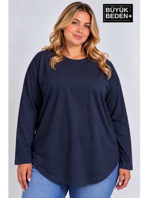 Limitless Wear Kadın Büyük Beden Bisiklet Yaka Uzun Kollu Oval Etek Uçlu Tunik T-Shirt AFK26BTK92