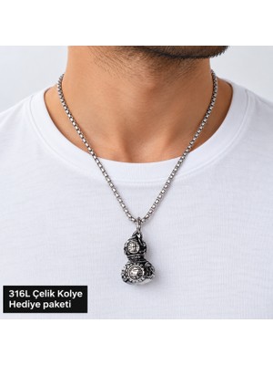 Herşey Nota 316L Çelik Erkek Kolye Işlemeli Su Kabağı Formlu Sembol Detaylı Zincirli Tasarım