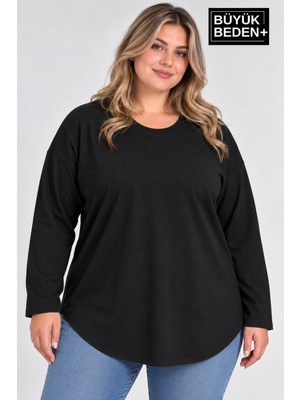 Limitless Wear Kadın Büyük Beden Bisiklet Yaka Uzun Kollu Oval Etek Uçlu Tunik T-Shirt AFK26BTK92
