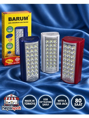 Barum Işıldak 24 LED Şarj Edilebilir Acil Durum Işıldağı USB Çıkışlı 6V