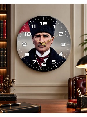 Renkli Baskı Atatürk Desenli Sayılı Hediyelik Ahşap Sessiz Duvar Saati 45CM