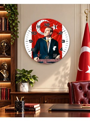 Renkli Baskı Atatürk Türk Bayrak Desenli Sayılı Hediyelik Ahşap Sessiz Duvar Saati 45CM
