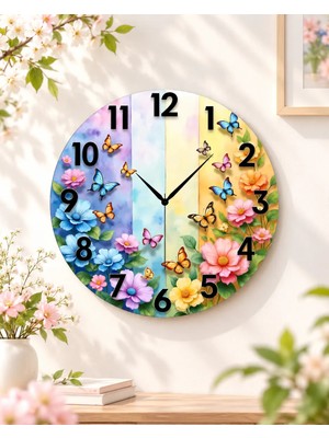 AA Shop Çiçek Renkli Baskı Desenli Sayılı Hediyelik Ahşap Sessiz Tablo Duvar Saati