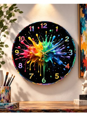 AA Shop Renkli Baskı Desenli Ahşap Duvar Saati Yuvarlak Tasarım 45 x 45 cm Sessiz Çalışma