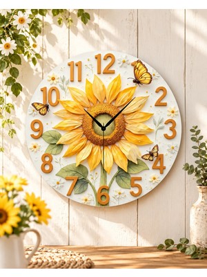 AA Shop Çiçek Renkli Baskı Desenli Sayılı Hediyelik Ahşap Sessiz Tablo Duvar Saati
