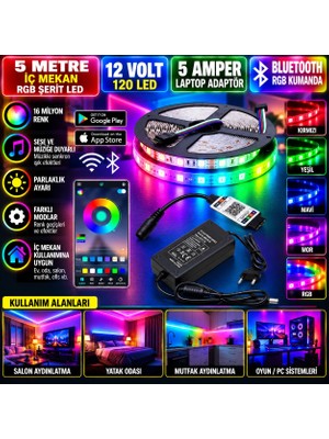 Powerr Led Aydınlatma 5m 12V 120 Ledli Iç Mekan Rgb Şerit LED 5A Laptop Adaptör Bluetooth Rgb Kumandalı Set
